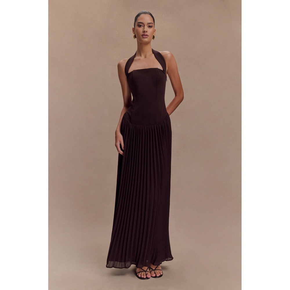 MESHKI Stacie Cacao Brown Pleated Halter Corset Maxi Dress Size M